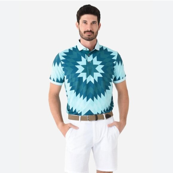 Greyson Geometric Print Golf Polo Shirt Men’s Large Turquoise‎ Green - Picture 14 of 15